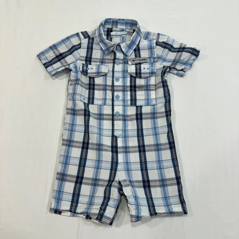 Columbia PFG Tamiami Romper‎ Baby Boys 18-24M Blue Plaid Snap Bottom